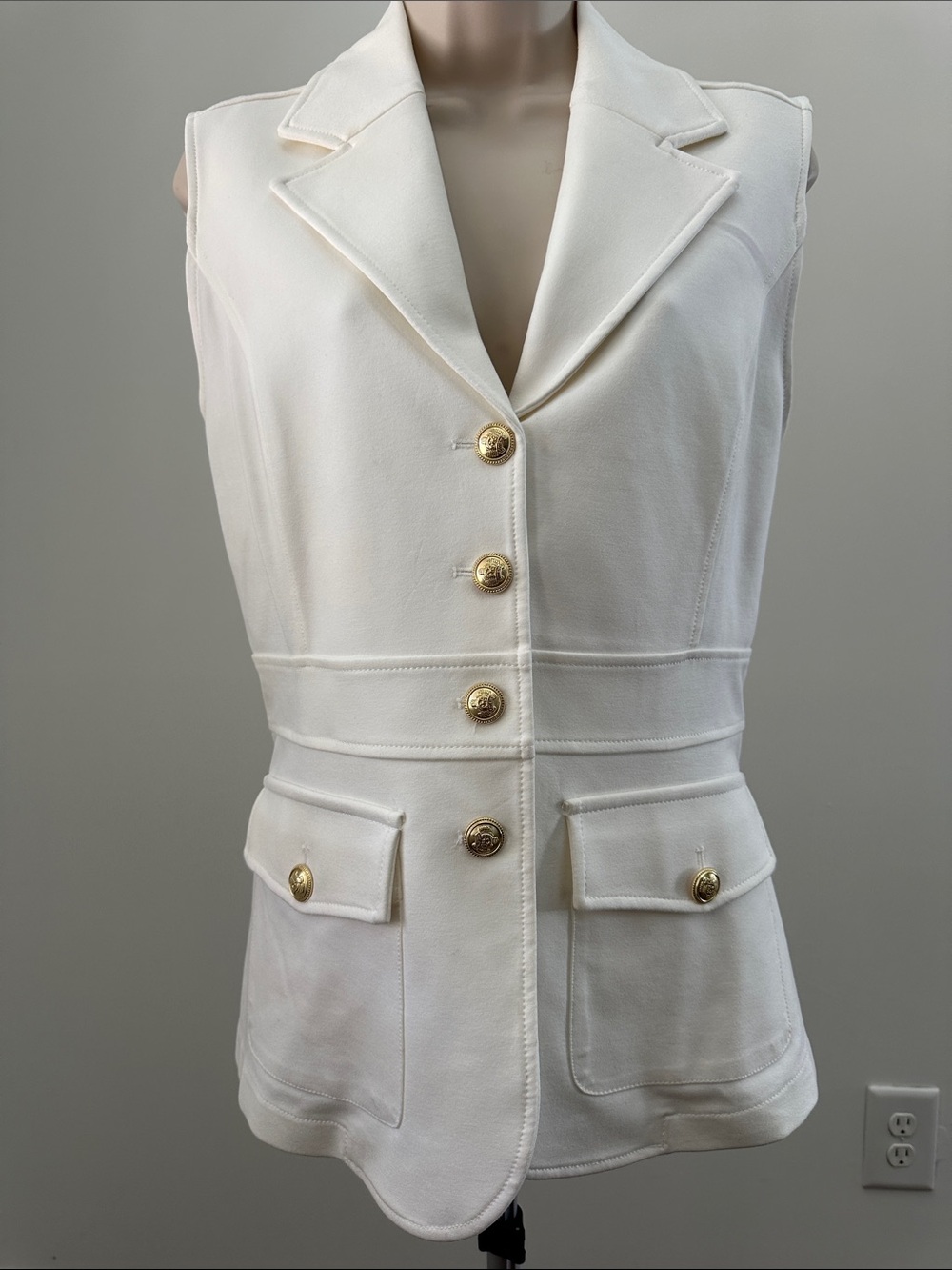 Sleeveless Cream Tailored Vest with Gold Buttons